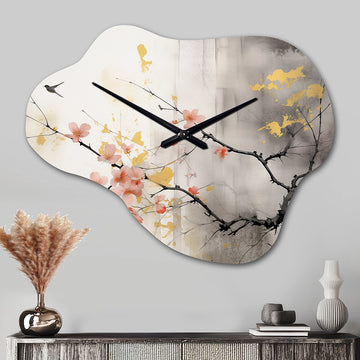 Asian Art Sumi Blossom I - Asymmetric Metal Wall Clock